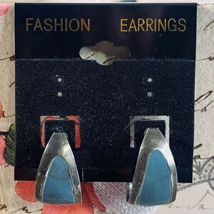 Vintage 80s Enameled Earrings Huggie Silver Half Moons With Blue Gray Center